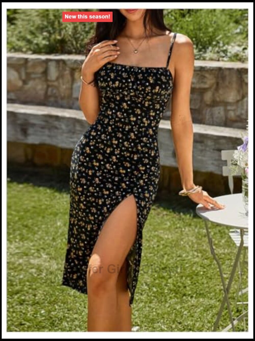 Floral Cami Midi Dress Spaghetti Strap Side Slit Bodycon Summer - Picture 5 of 5